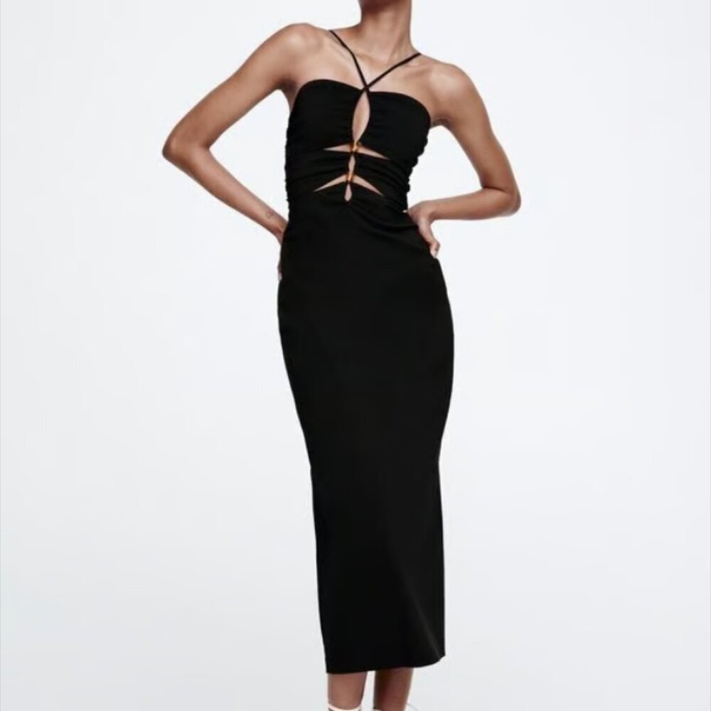 ZARA Cut Out Midi Dress, Wooden Bead Detail, Black, XS
